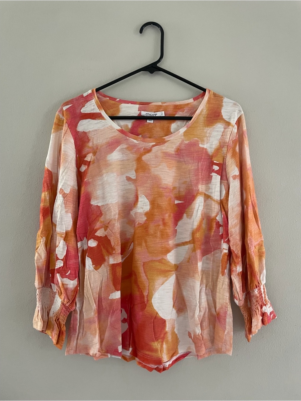 Chico's Watercolor Long Sleeve Top in Coral, Orange & Cream